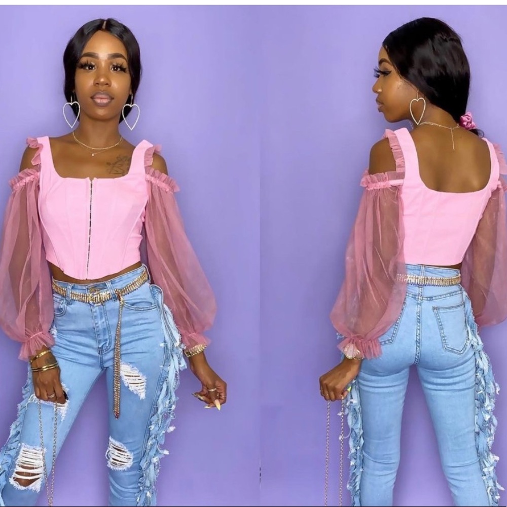 Pink corset crop top with sleeves